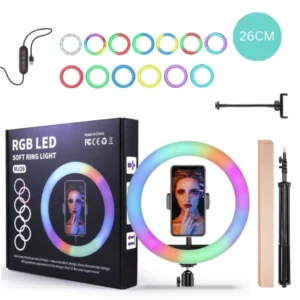 רינג לייט צבעוני 26 ס"מ עם חצובה ומחזיק לטלפון RGB